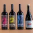 Four exquisite wine bottles with vibrant artistic labels on a minimalist background, perfect for a winery product showcase.