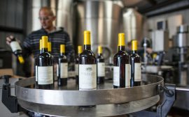 wine bottles on stainless steel round table