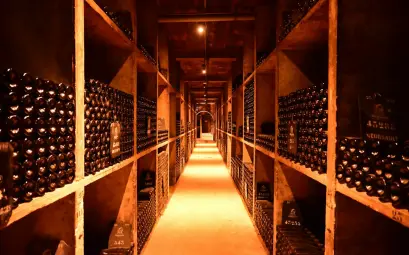 A long narrow room filled with lots of bottles
